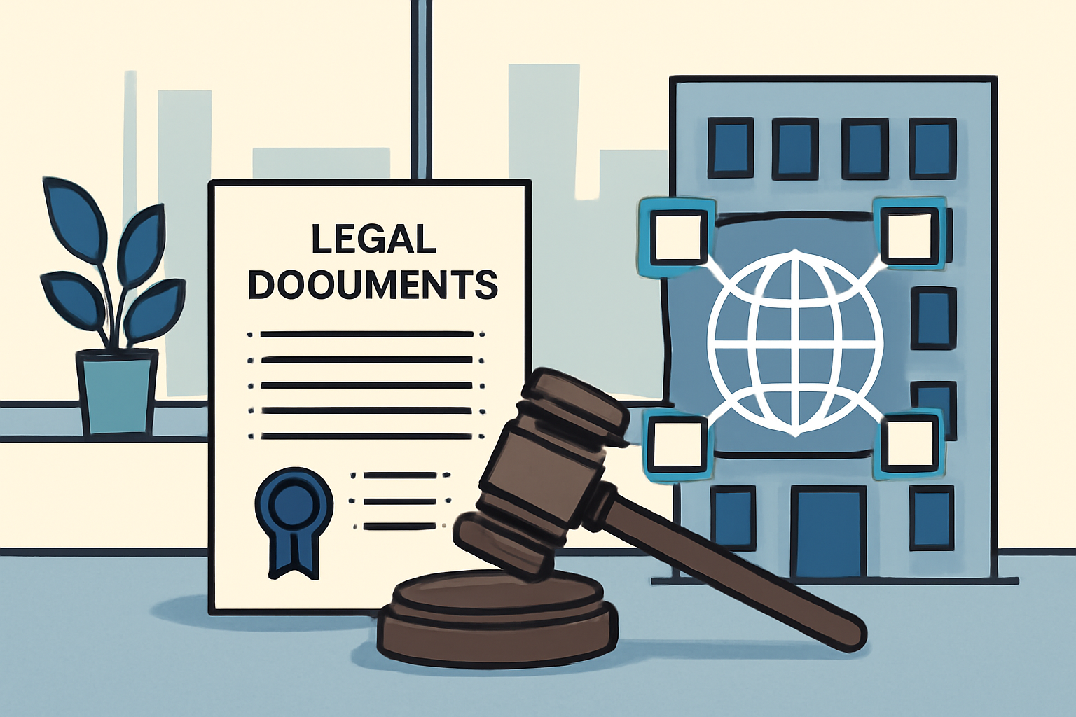 A modern office scene with legal documents, a gavel, and a digital blockchain symbol overlaying a building, representing legal setup for real estate tokenization.