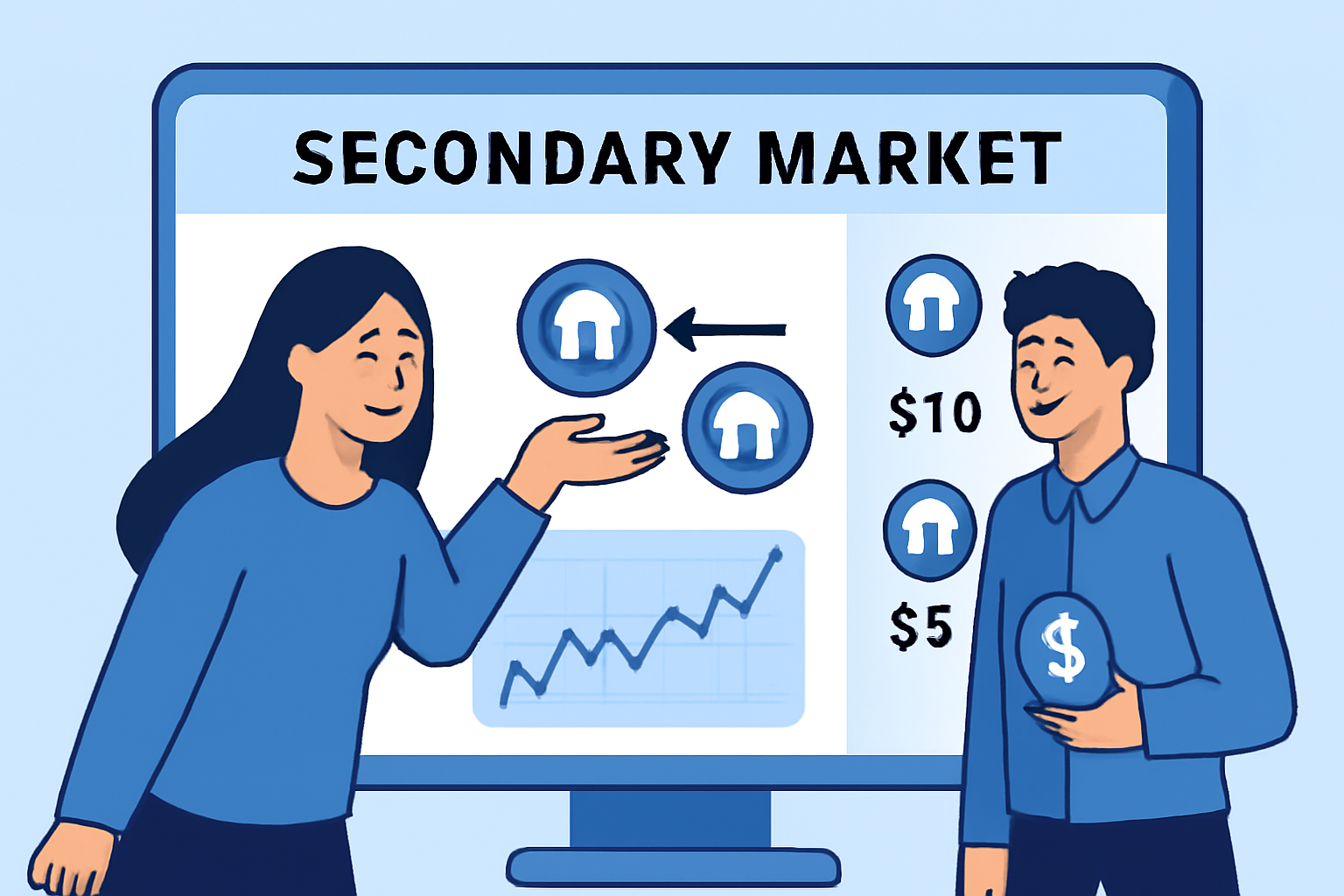 A digital exchange screen with property tokens being traded, price charts, and happy investors exchanging tokens, symbolizing active secondary market trading.
