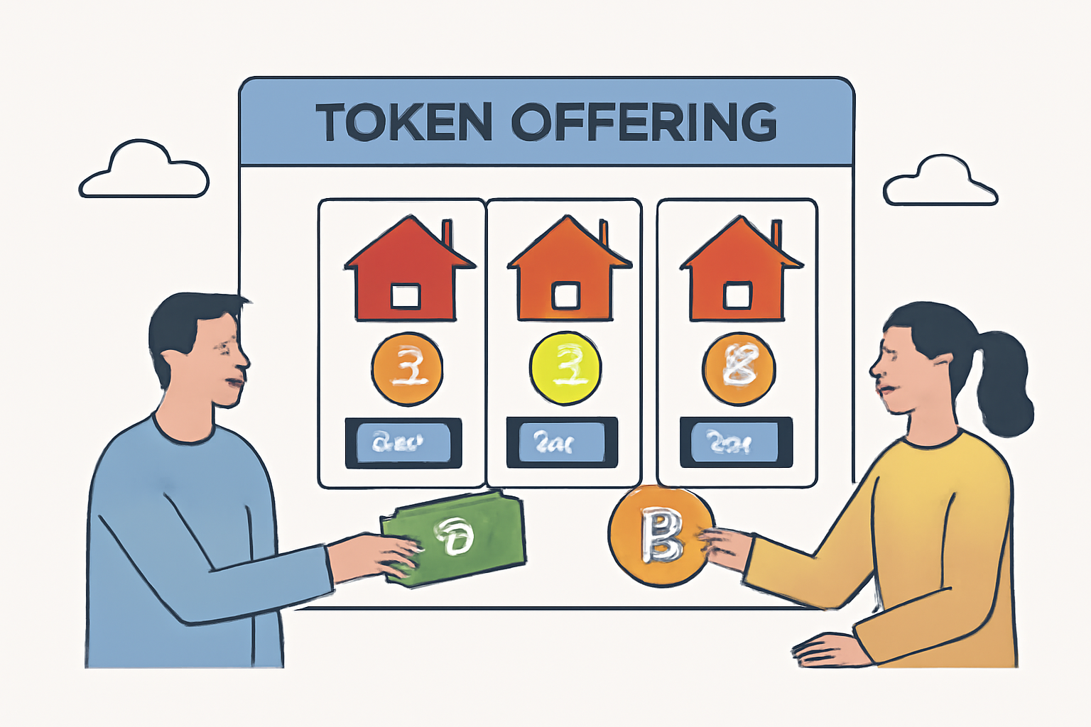 A digital marketplace interface showing real estate tokens for sale, with investors exchanging money and crypto for tokens, representing the token offering stage.