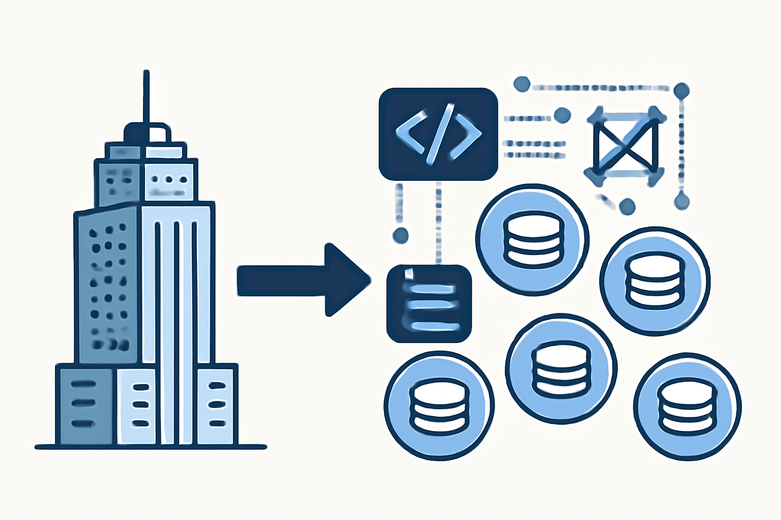 A futuristic city building being transformed into digital tokens, with code and blockchain graphics connecting them, symbolizing tokenization and smart contract deployment.
