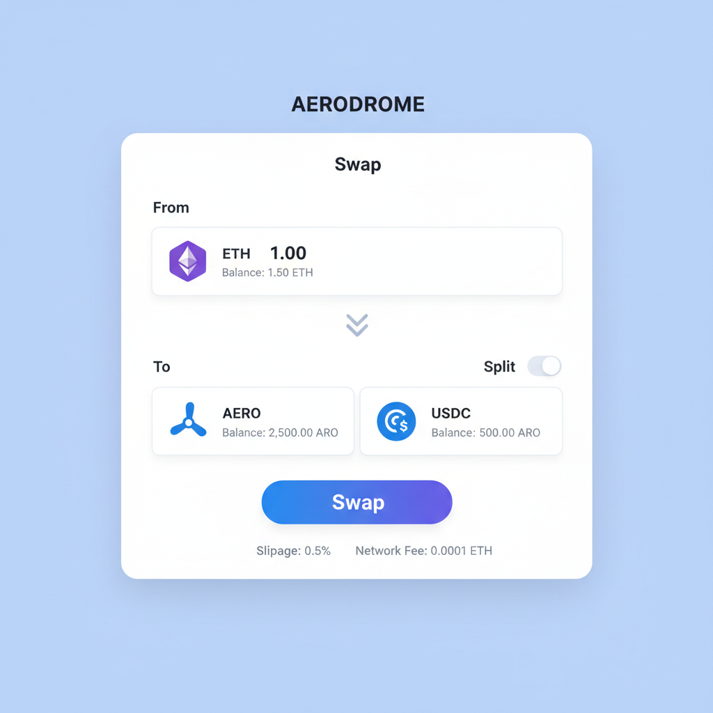 aerodrome swap interface, ETH to AERO and USDC, token balances shown