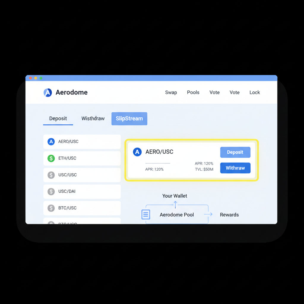 aerodrome liquidity page, SlipStream selected, AERO/USDC pool highlighted