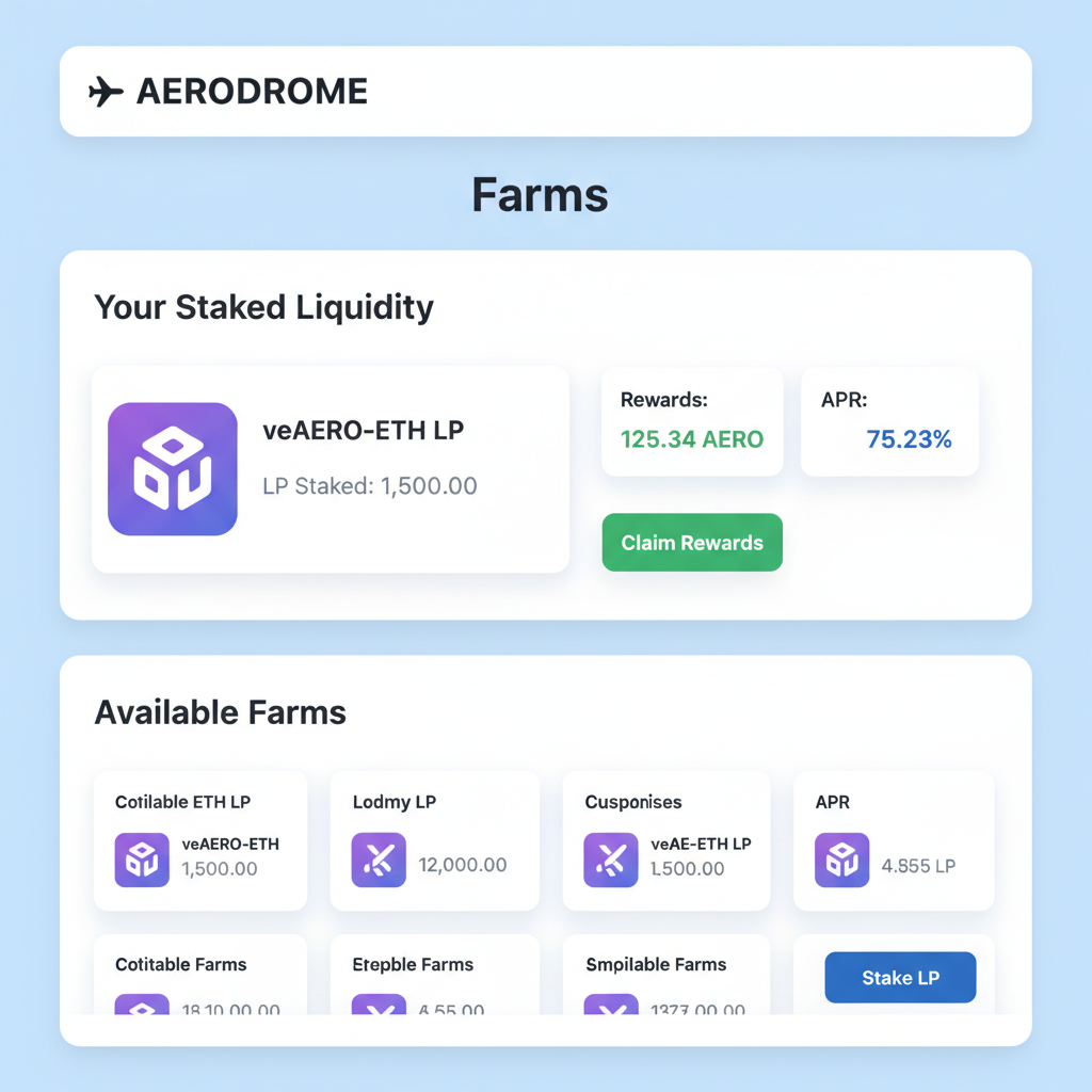 Aerodrome farms page, LP staked, rewards and APR displayed