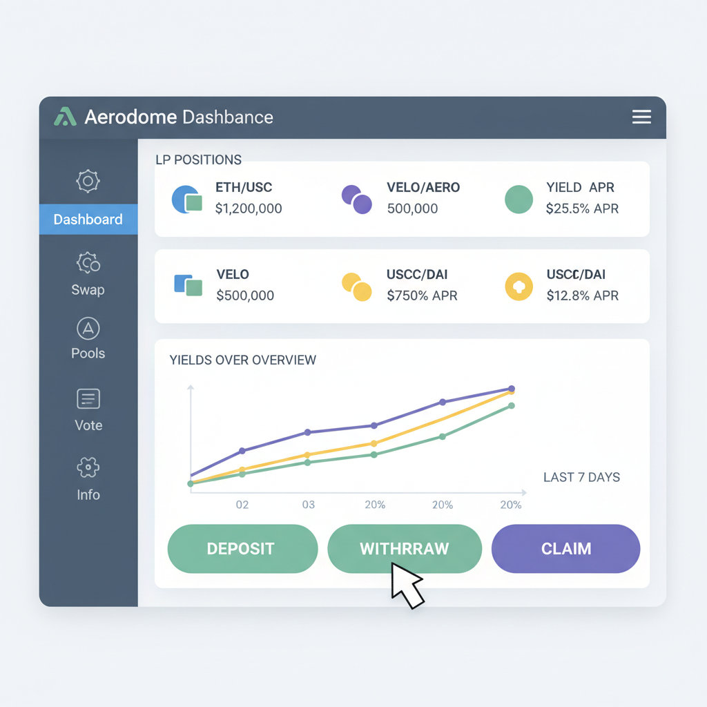 Aerodrome dashboard, LP positions, charts, yields overview