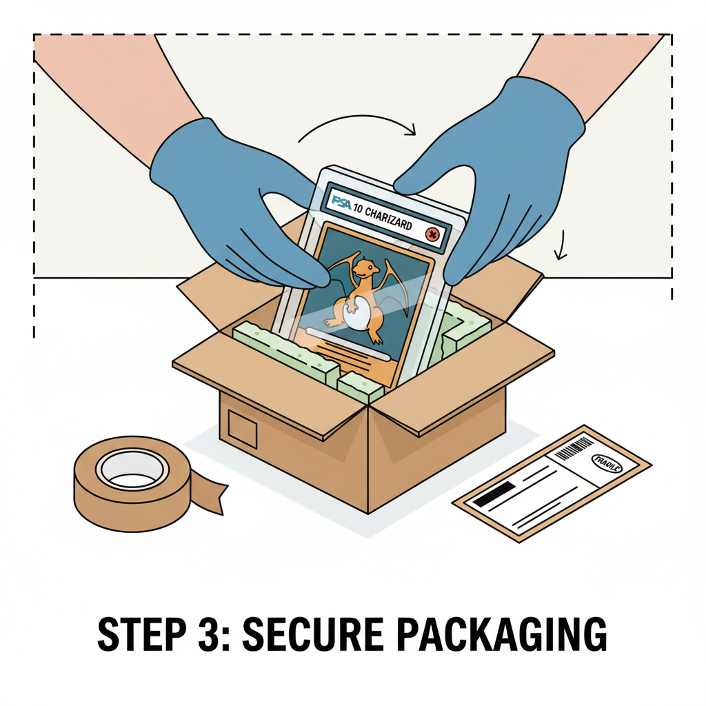 person packaging and shipping protective box with PSA graded Pokemon card slab