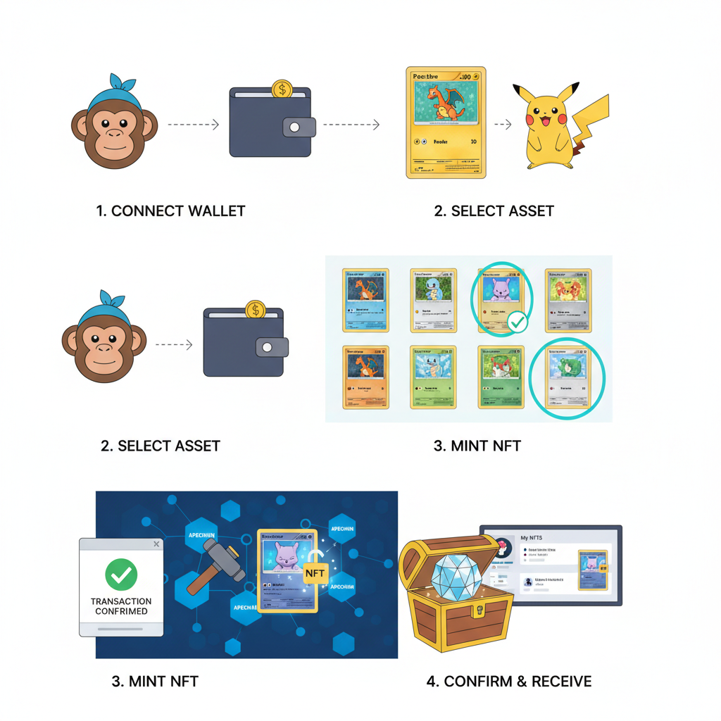 digital NFT minting process of Pokemon card on ApeChain blockchain interface