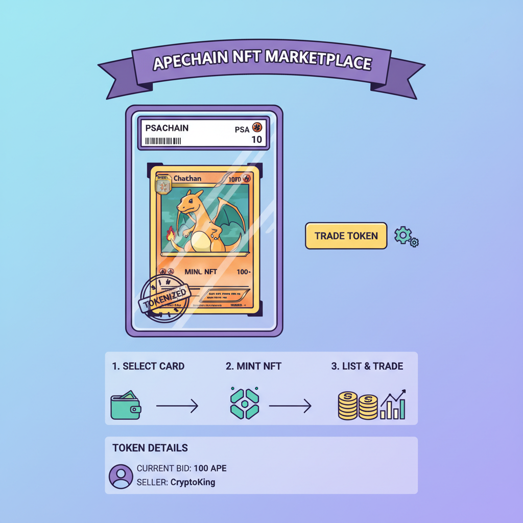 NFT marketplace listing tokenized PSA Pokemon card for trading on ApeChain