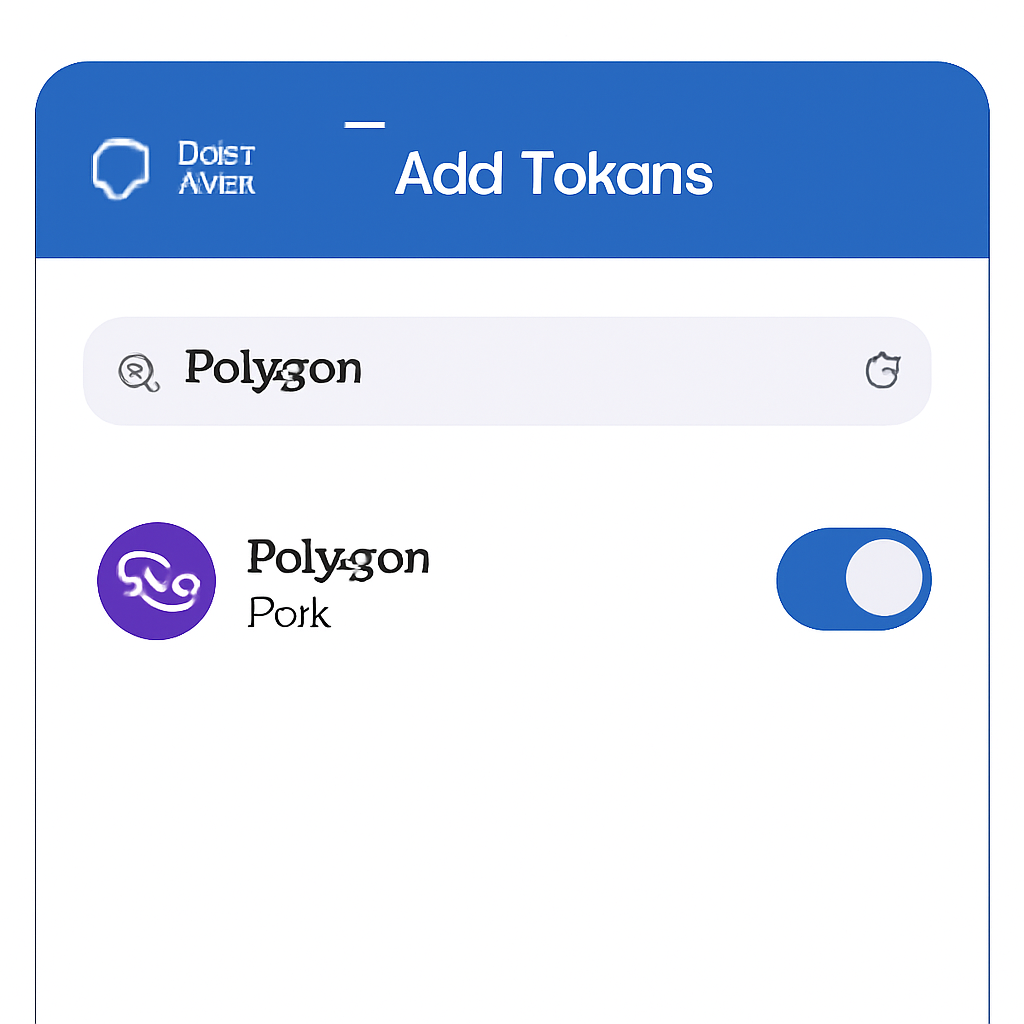 Trust Wallet app interface showing the 'Add Tokens' search bar with 'Polygon' typed in, and the Polygon (POL) toggle being enabled. Crisp, user-friendly design.