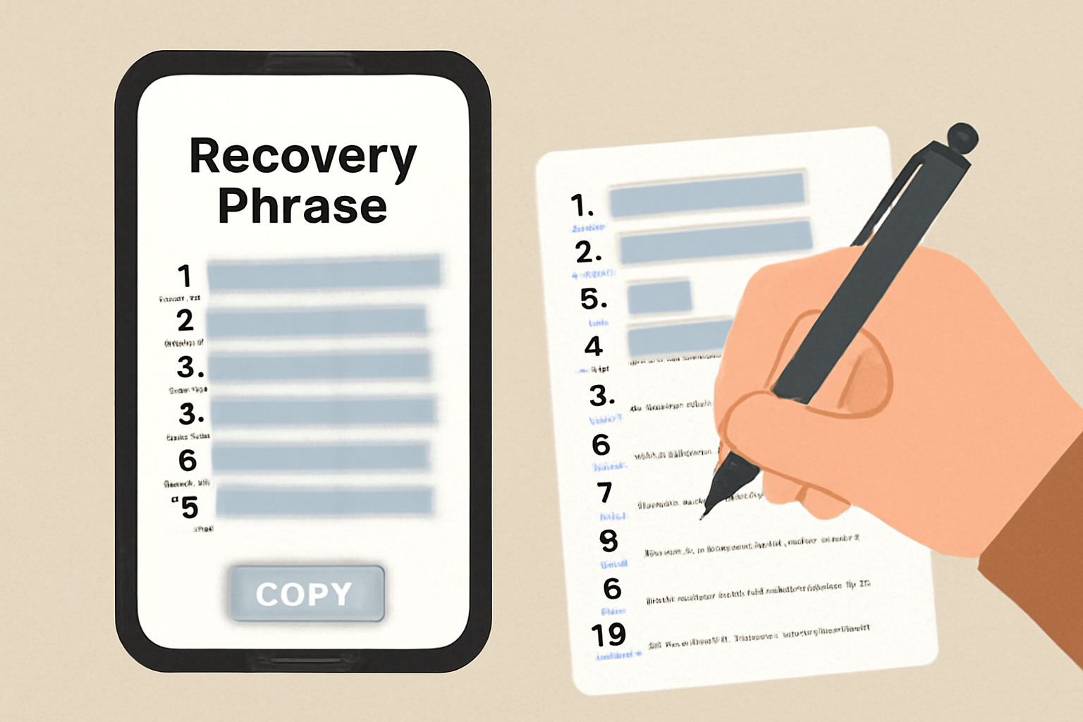 A hand writing down a 12-word recovery phrase from a phone screen, with the words blurred for security. Emphasis on privacy and security.