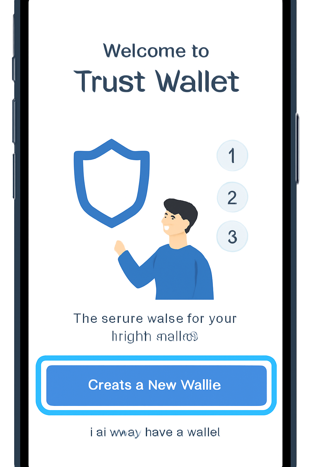 A phone screen displaying the Trust Wallet welcome page with the 'Create a New Wallet' button highlighted. Clean UI, reassuring colors.