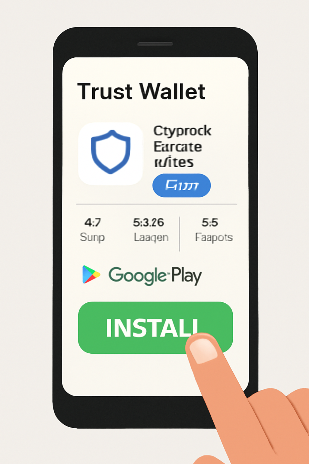 A smartphone showing the Trust Wallet app page on the App Store and Google Play Store, with a finger about to tap 'Install'. Minimalist, clear interface, modern style.