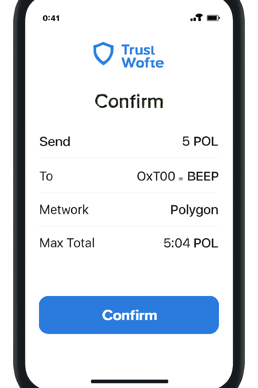 A confirmation screen in Trust Wallet summarizing a POL transaction with a 'Confirm' button.