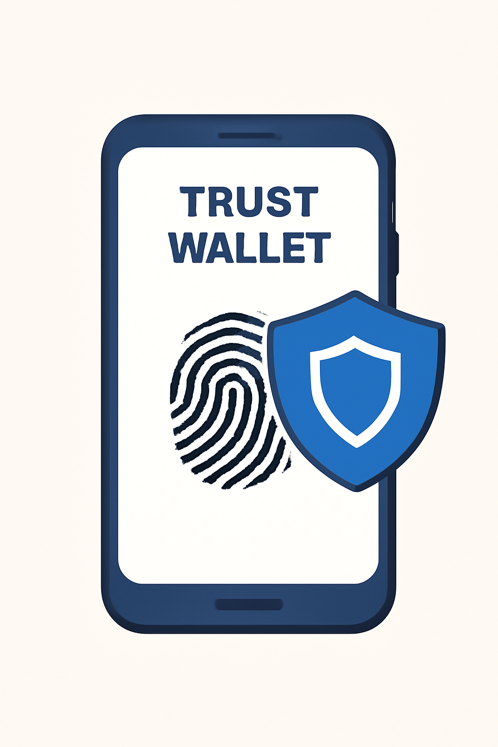 A security-themed image: a Trust Wallet app with a fingerprint icon and a shield overlay.