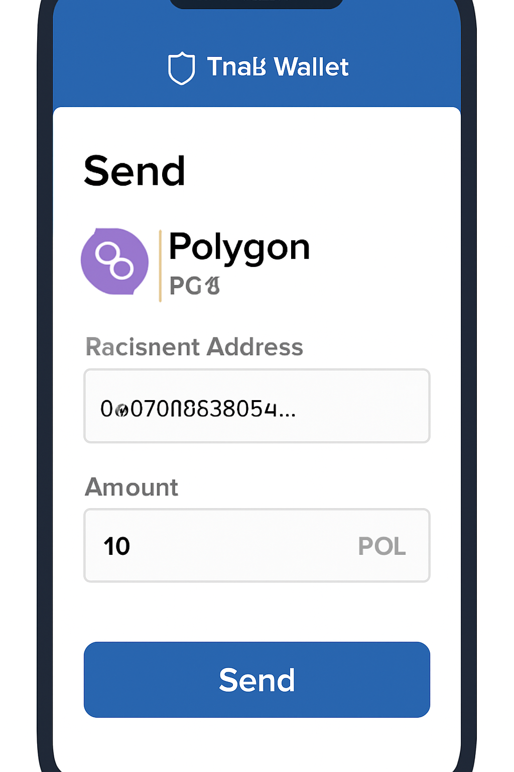 A Trust Wallet 'Send' screen for Polygon (POL), with fields for recipient address and amount filled in.