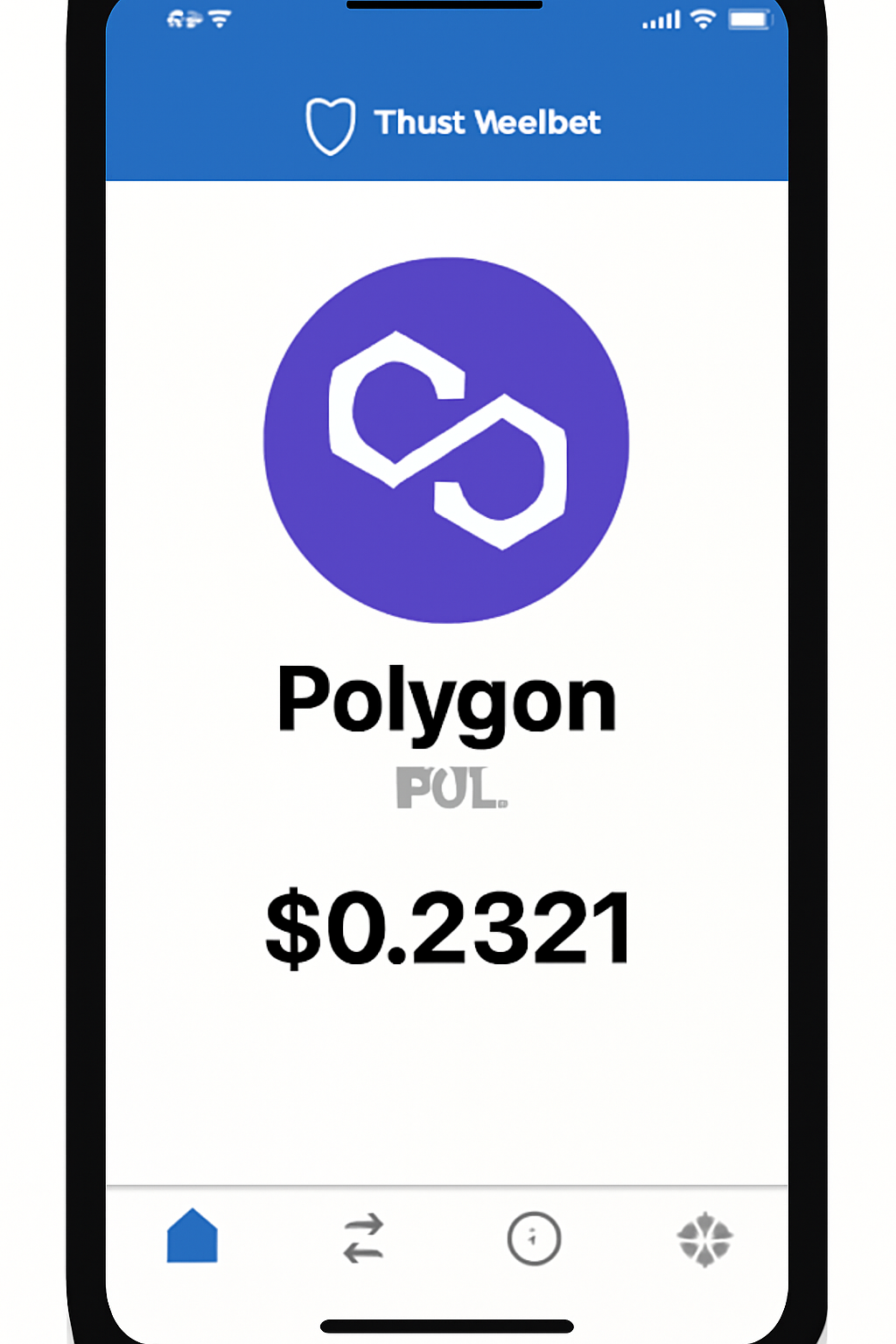 Trust Wallet home screen displaying Polygon (POL) with its logo and the price $0.2321. Focus on clarity, accuracy, and a sense of security.