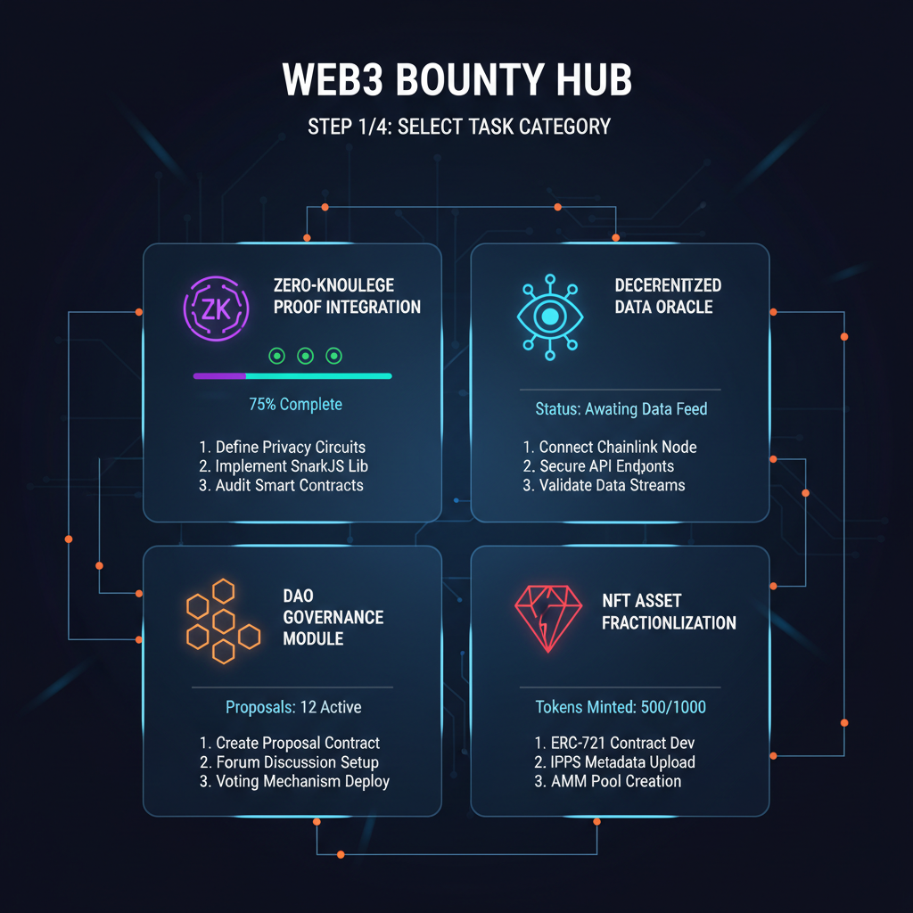 futuristic dashboard defining Web3 bounty tasks with glowing specs and ZK icons, cyberpunk style