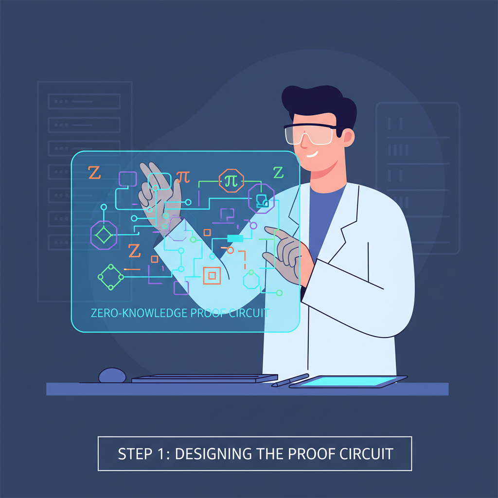 engineer generating zero-knowledge proof circuit on holographic screen, neon circuits and math symbols