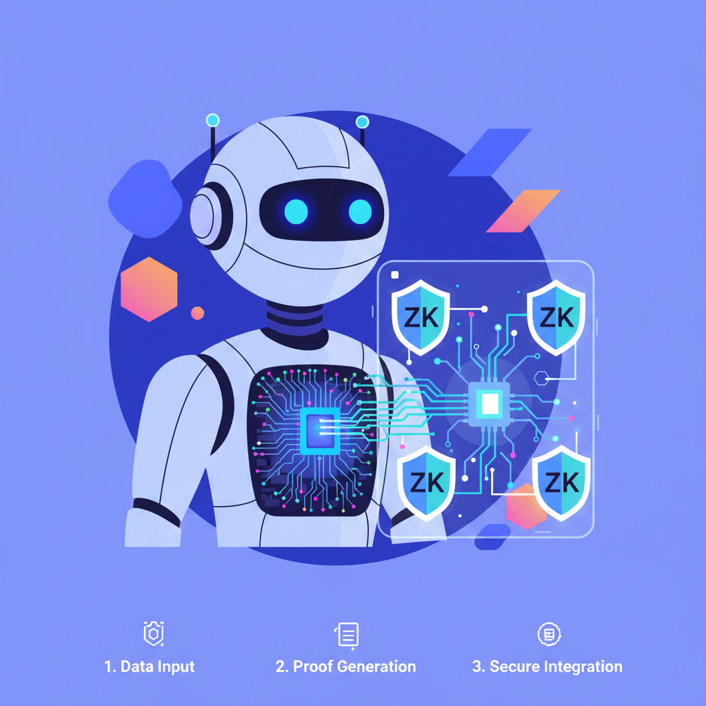AI robot integrating with ZK proofs on digital interface, vibrant neural networks and shields