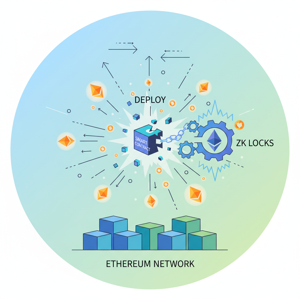 deploying smart contract blockchain explosion with ZK locks and Ethereum symbols, dynamic action