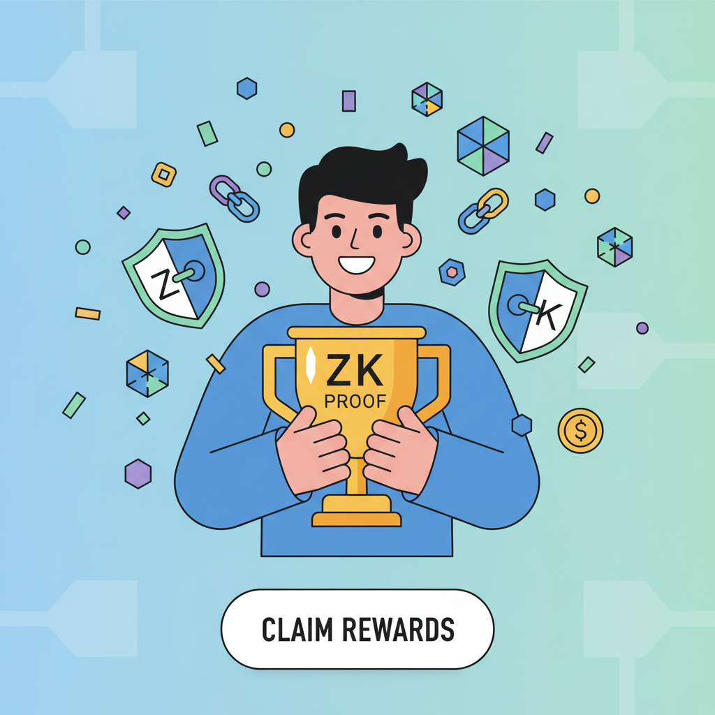 user claiming crypto rewards with ZK proof trophy, celebratory blockchain confetti and shields