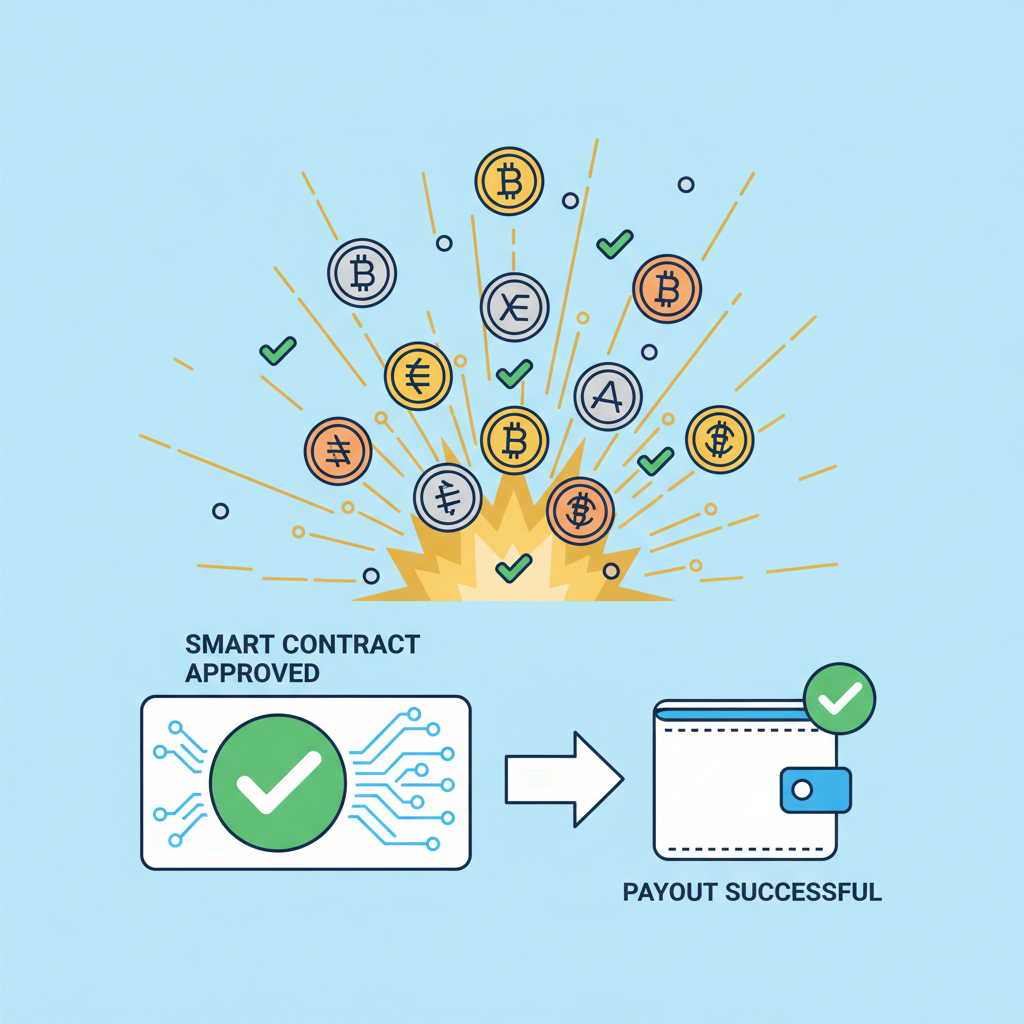 smart contract approving payout with green checkmarks and crypto coins flying, golden explosion effect