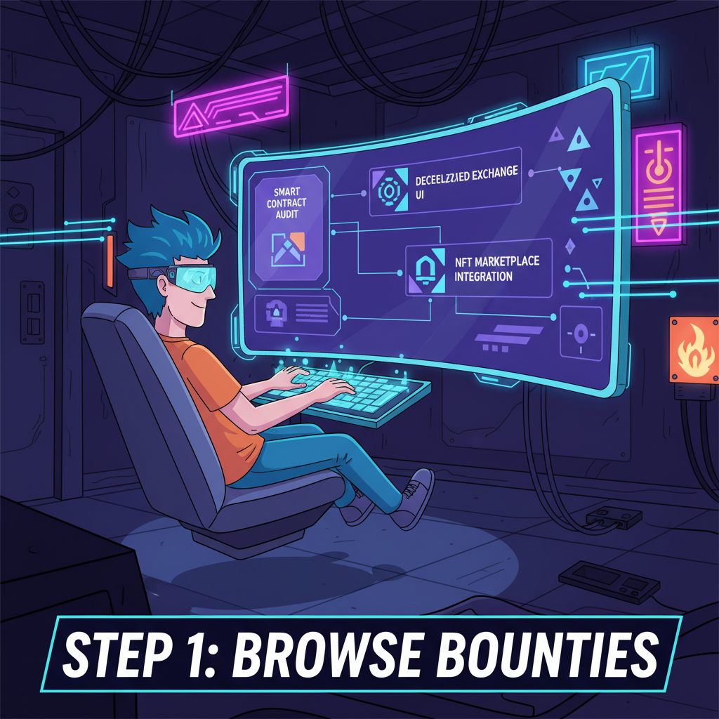 energetic developer coding on futuristic Web3 bounty platform, vibrant neon lights, cyberpunk style