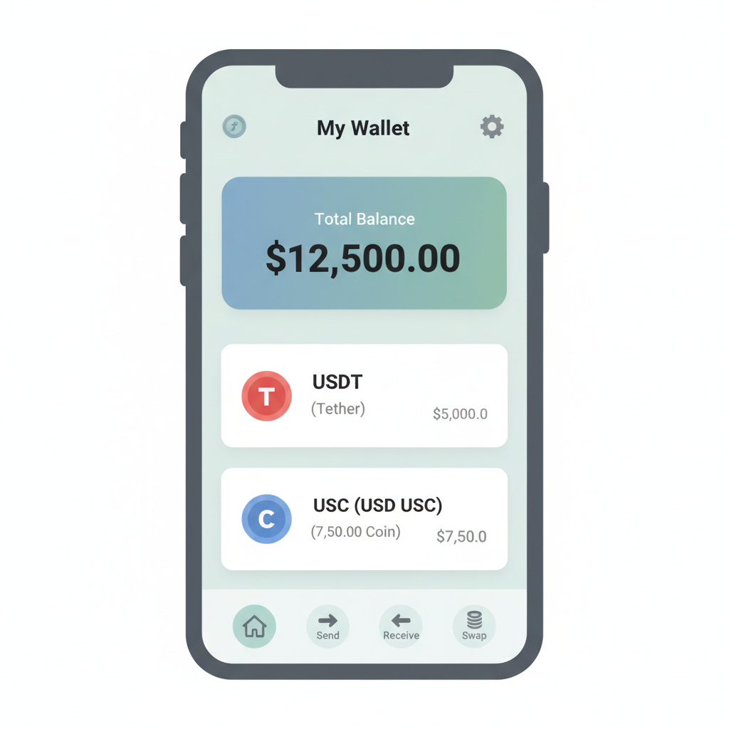 crypto wallet interface on phone with USDT USDC balances