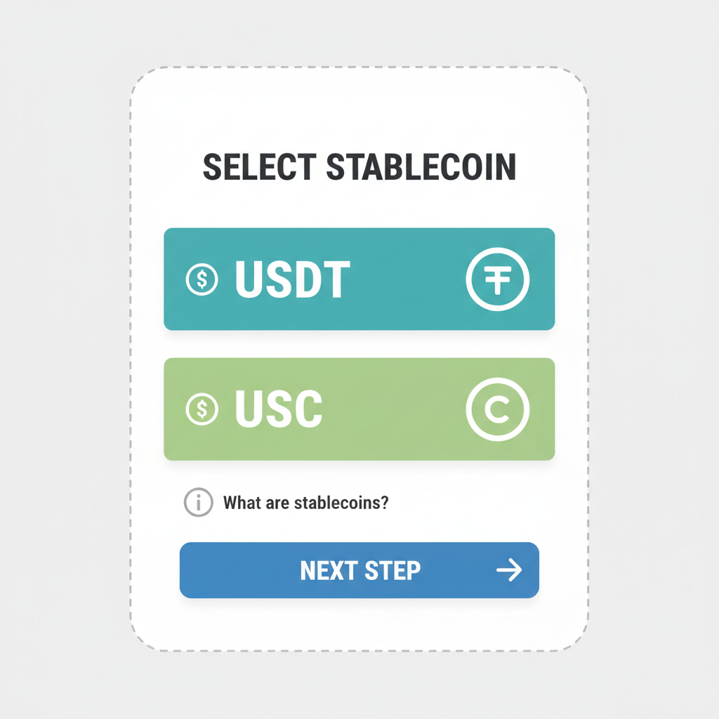 payment screen with stablecoin options USDT USDC
