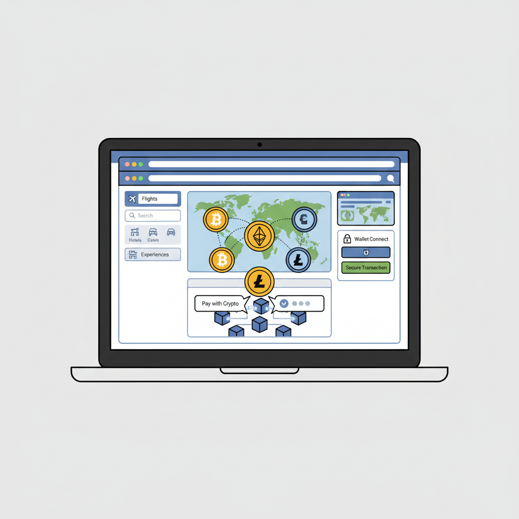 laptop screen showing travel booking sites with crypto icons and blockchain networks