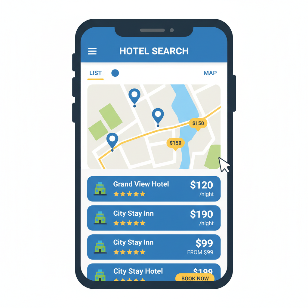 hotel search results on app with maps and prices