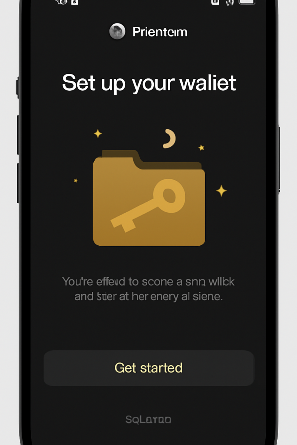 Phantom wallet setup interface on Solana, clean futuristic UI with gold accents, mobile screen