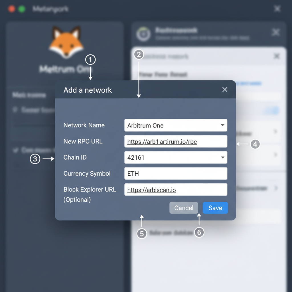 MetaMask wallet interface showing custom network addition for Arbitrum, clean screenshot style