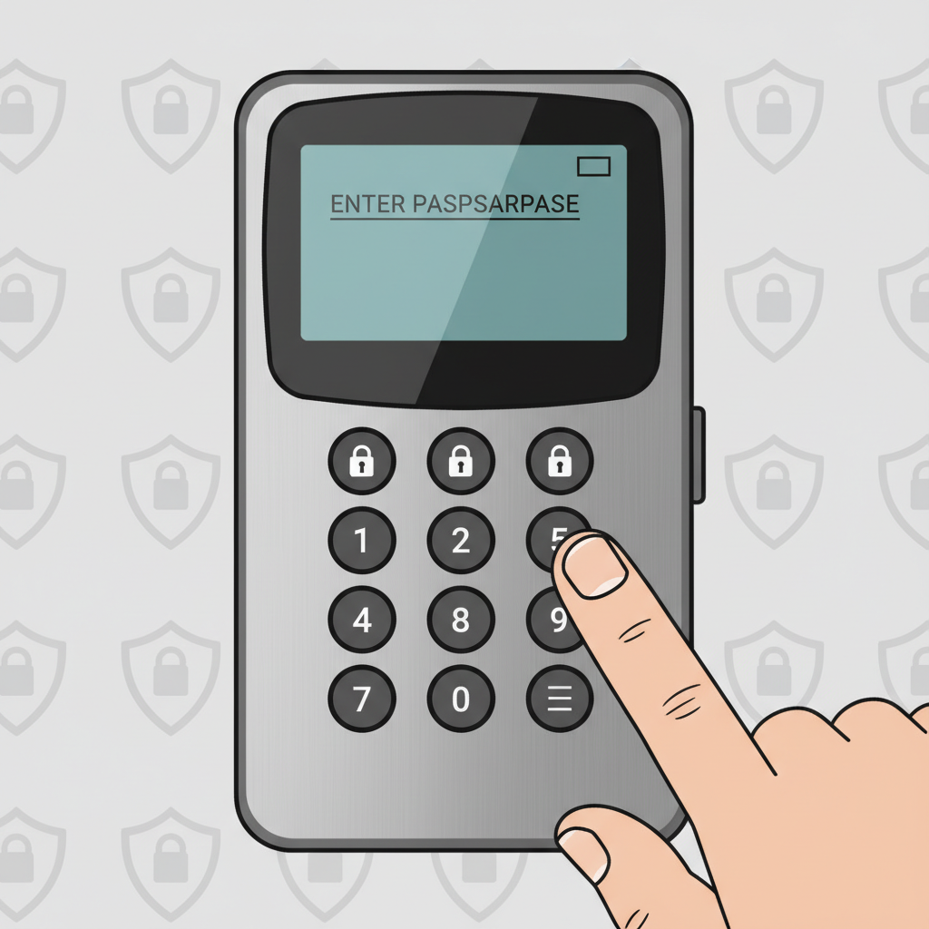 hardware wallet screen prompting passphrase entry, fingers typing on device keypad, secure PIN pad interface, subtle lock icons, photorealistic close-up