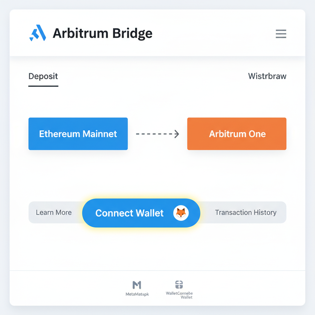 Arbitrum official bridge website homepage with MetaMask connect button highlighted
