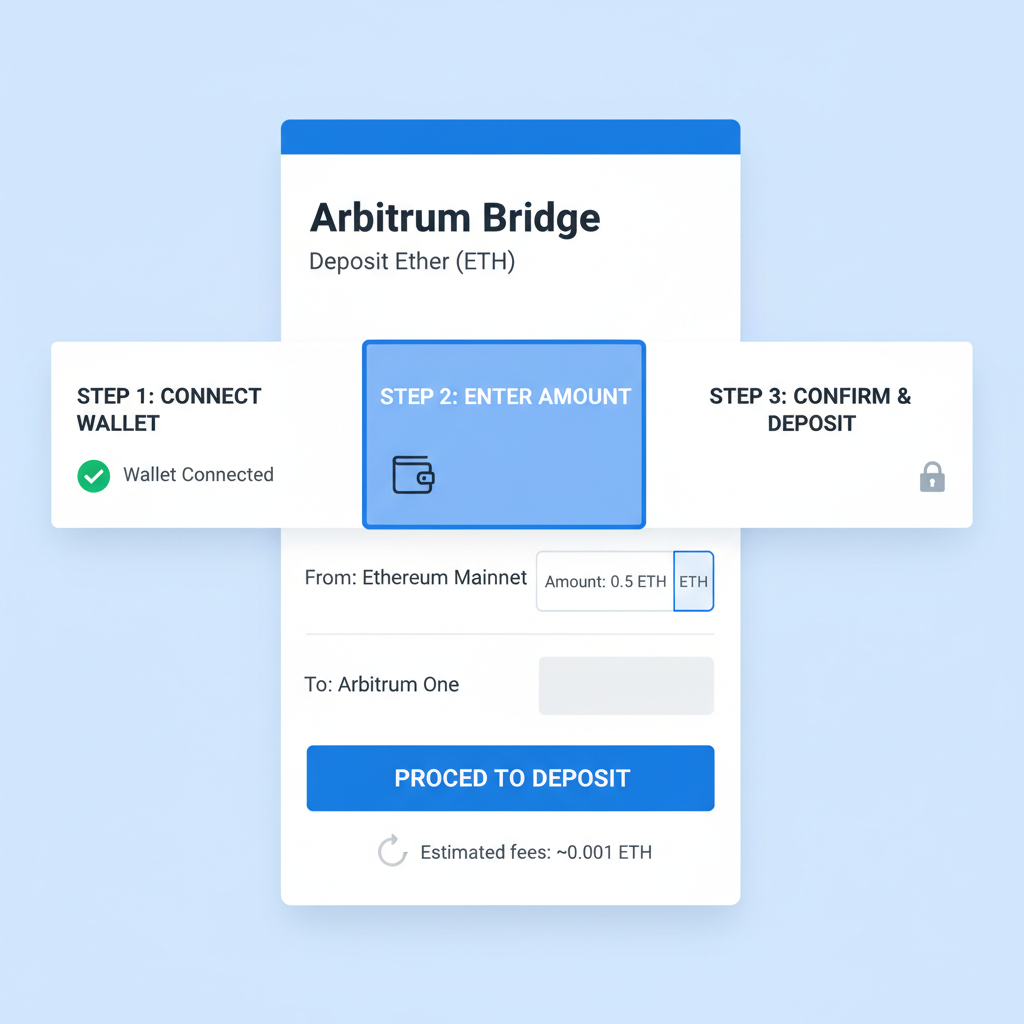 Arbitrum bridge deposit interface with ETH transfer form, step-by-step UI screenshot
