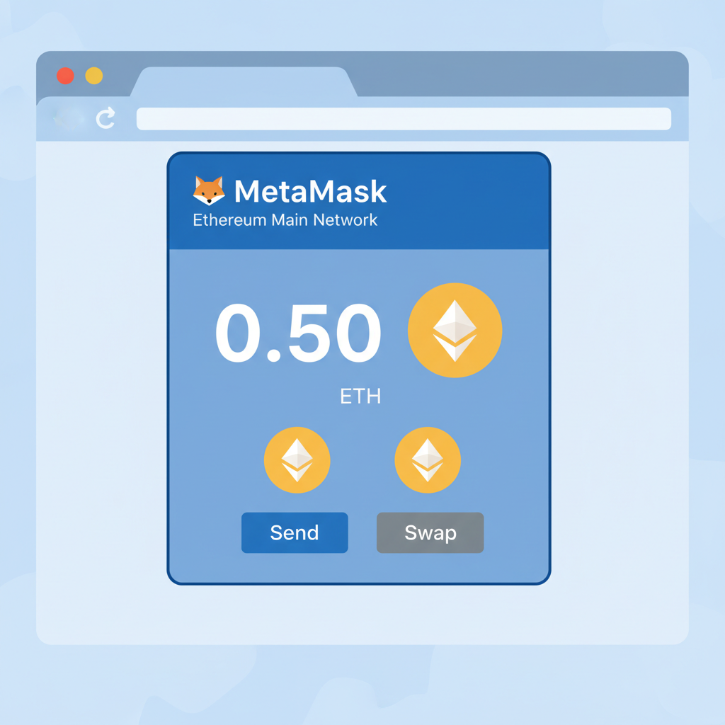 MetaMask Ethereum mainnet balance with ETH icons, beginner-friendly illustration