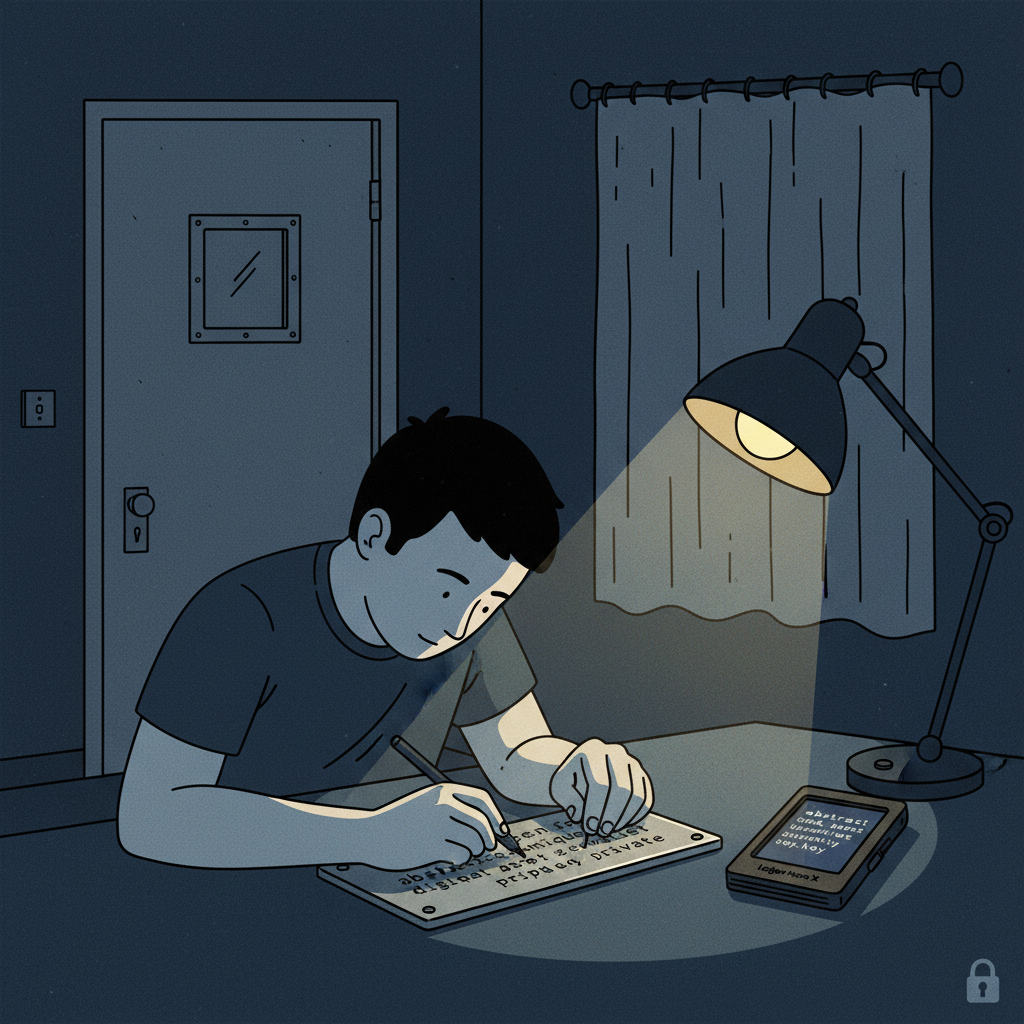 person privately writing down seed phrase on metal backup plate next to Ledger hardware wallet screen displaying words, dim secure room, emphasis on privacy and caution, photorealistic