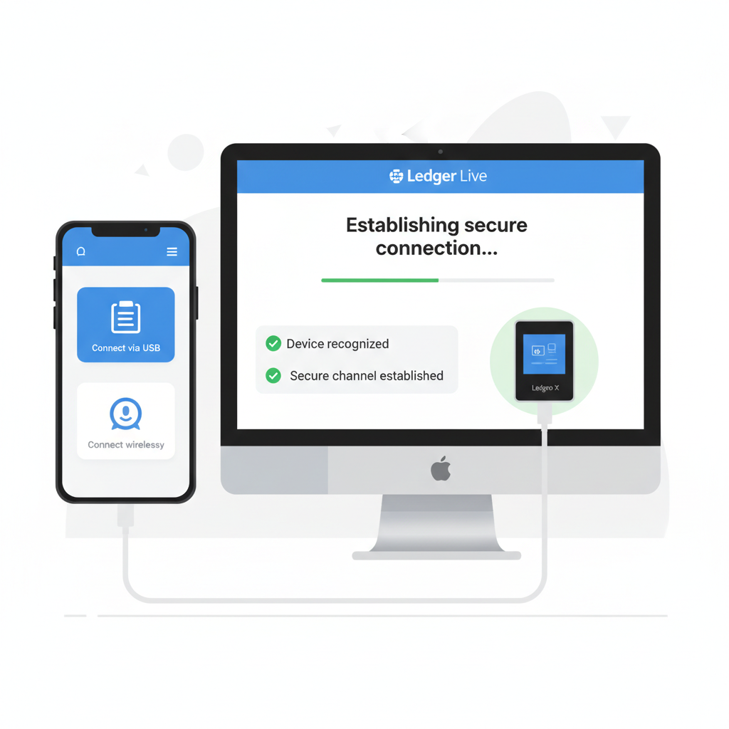 smartphone and computer screen showing Ledger Live app pairing with Ledger Nano X hardware wallet via USB cable, secure connection interface, beginner-friendly UI, photorealistic