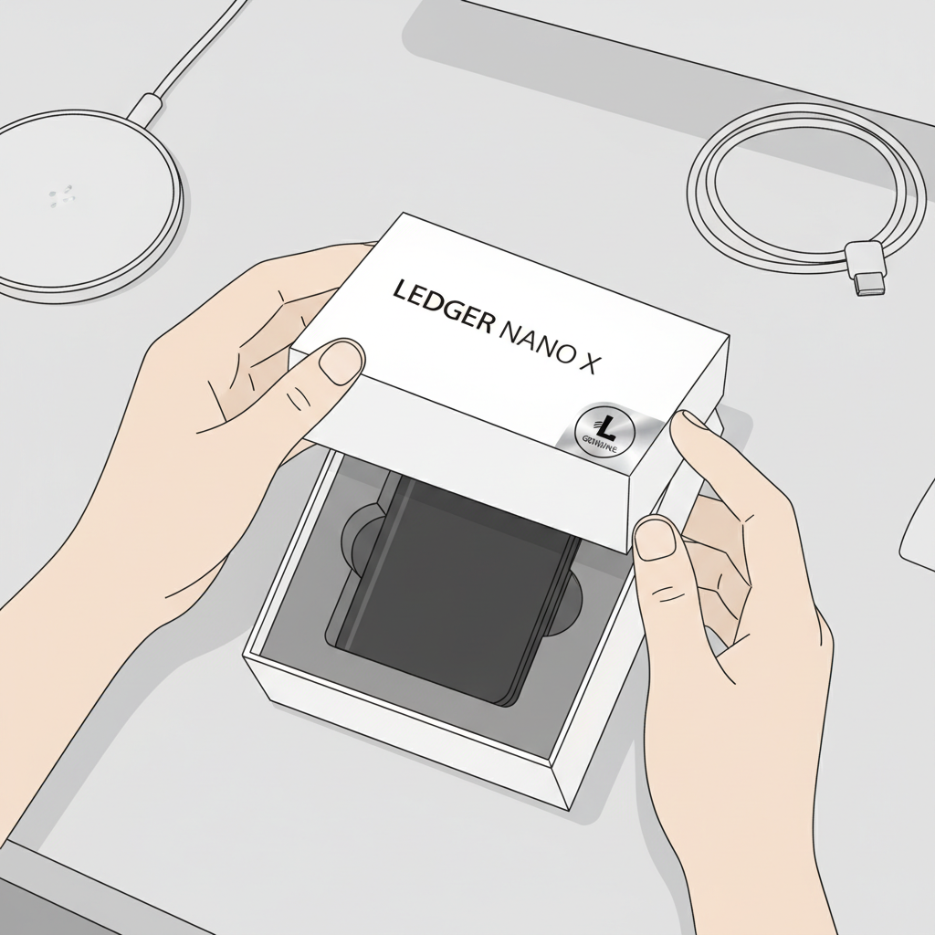 close-up of hands unboxing a Ledger Nano X hardware wallet, pristine packaging, security hologram visible, clean modern setup, photorealistic