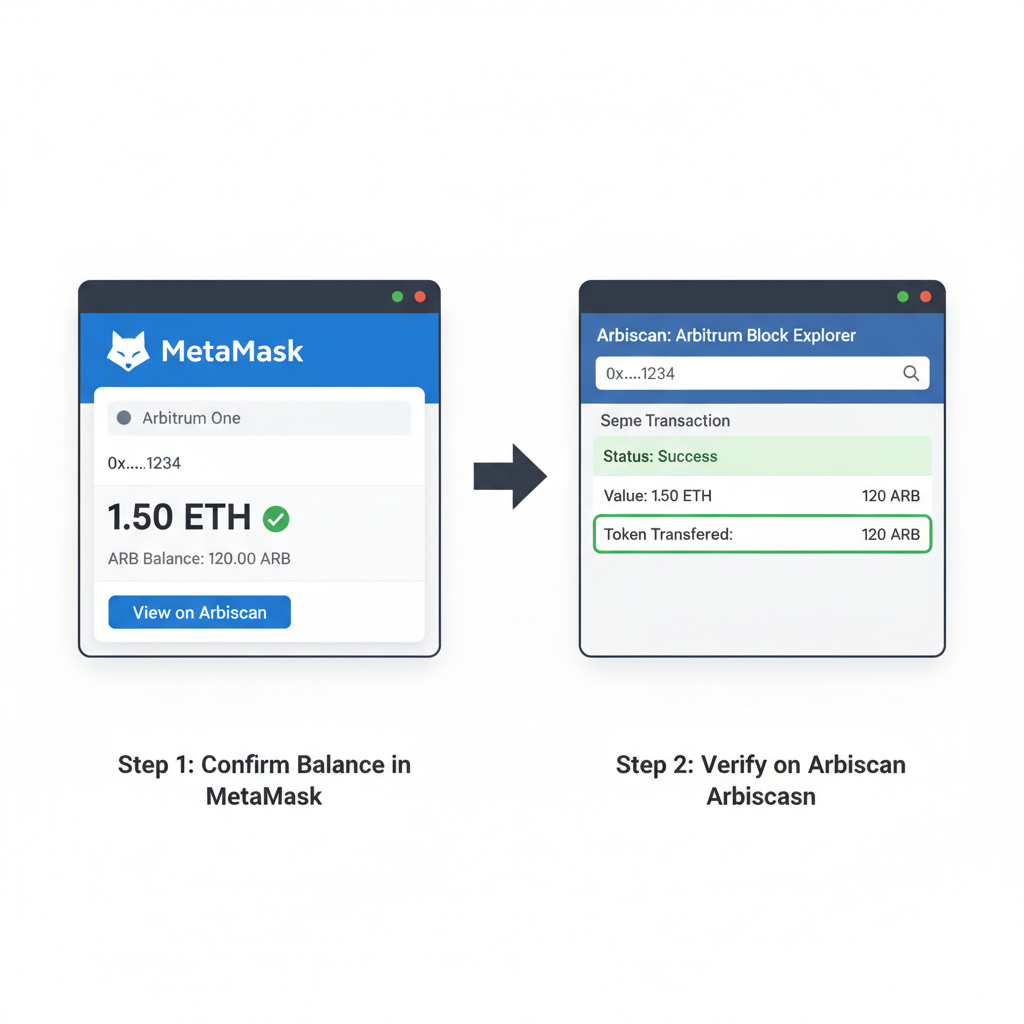 MetaMask showing Arbitrum balance confirmed, with Arbiscan explorer open