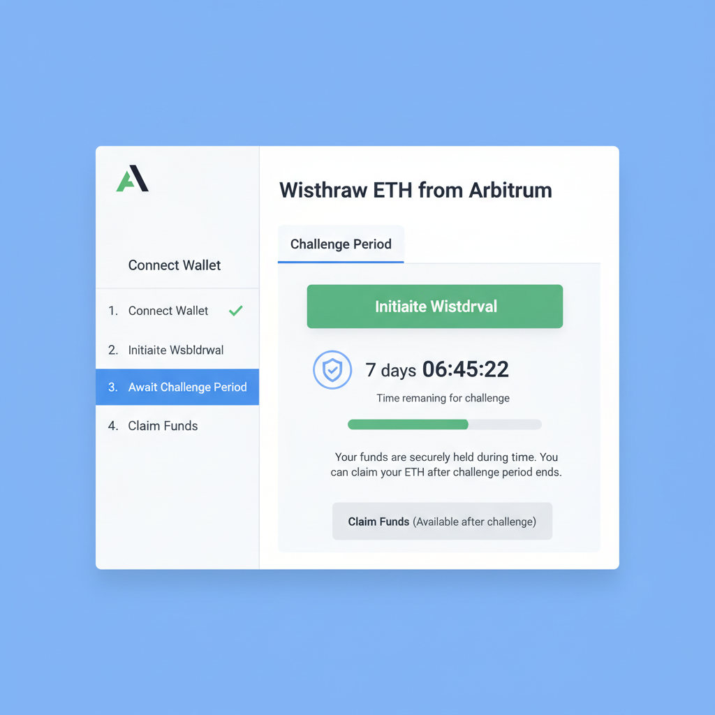 Arbitrum bridge withdrawal tab with timer for challenge period, secure UI illustration