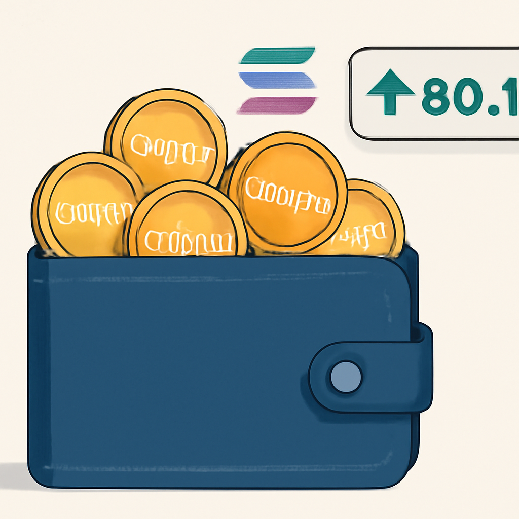 A wallet overflowing with shiny $STRAND tokens, with Solana and price tickers in the background