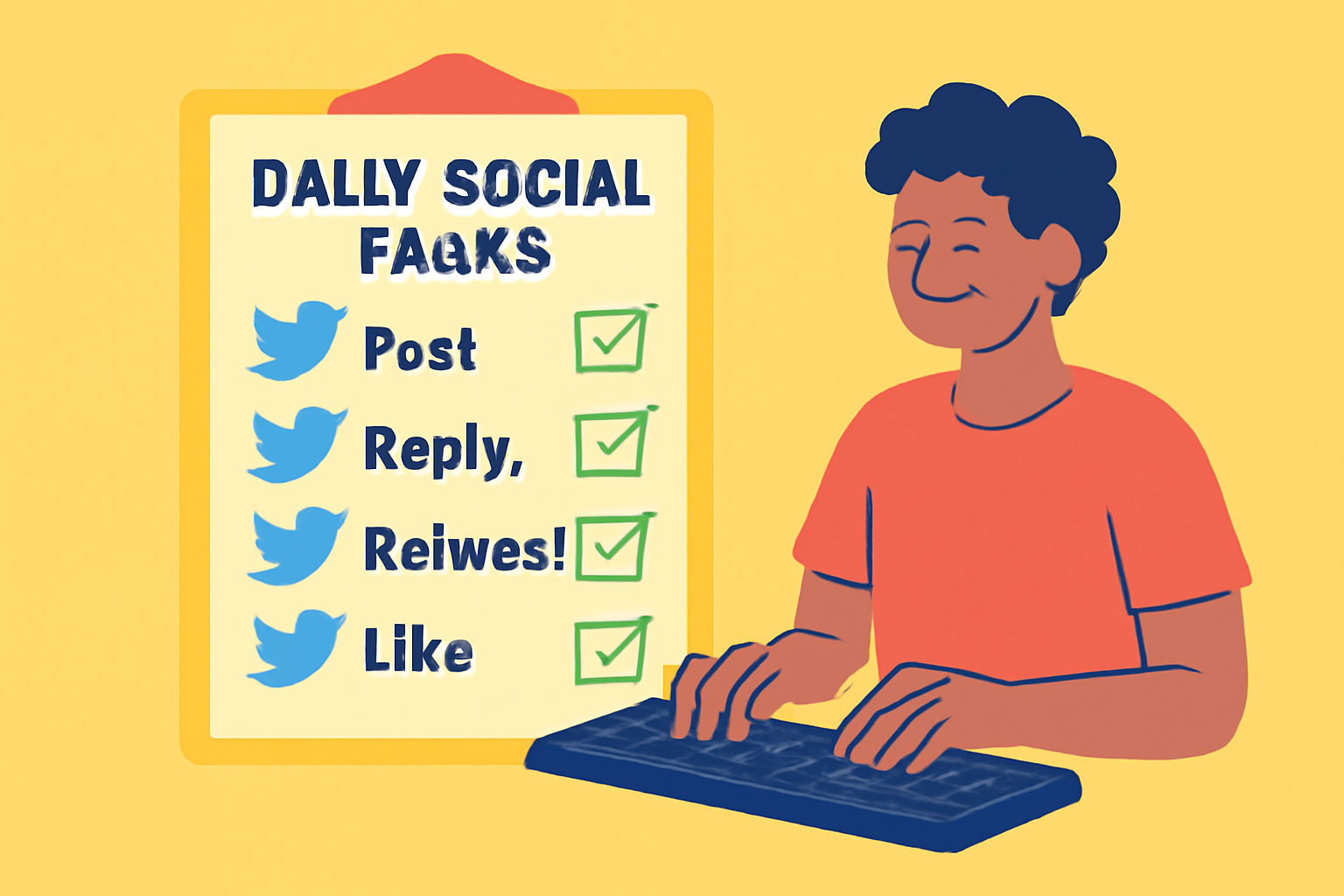 A checklist of daily social tasks with tweet icons and a player typing on a keyboard, vibrant and engaging