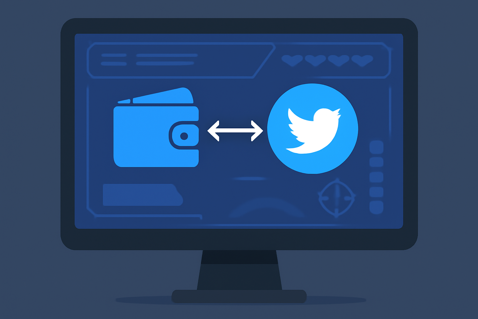A computer screen showing wallet and Twitter icons being connected, with a futuristic game interface in the background