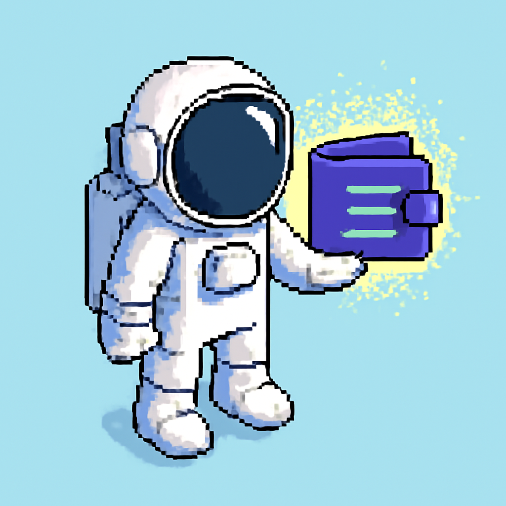 A digital astronaut holding a glowing Solana wallet, ready to embark on a pixelated adventure, 2D isometric style