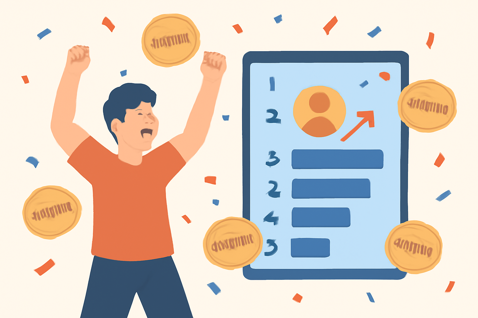 A player celebrating as their avatar climbs a digital leaderboard, surrounded by $STRAND tokens and confetti