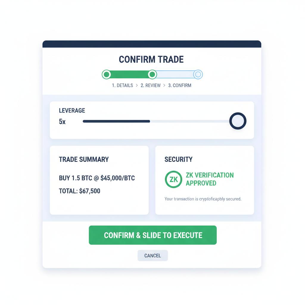 leverage slider and ZK verification badge on trade confirmation screen, high-tech UI