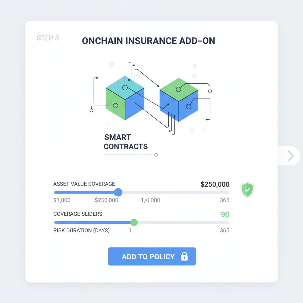 onchain insurance add-on panel with smart contract visuals and coverage sliders