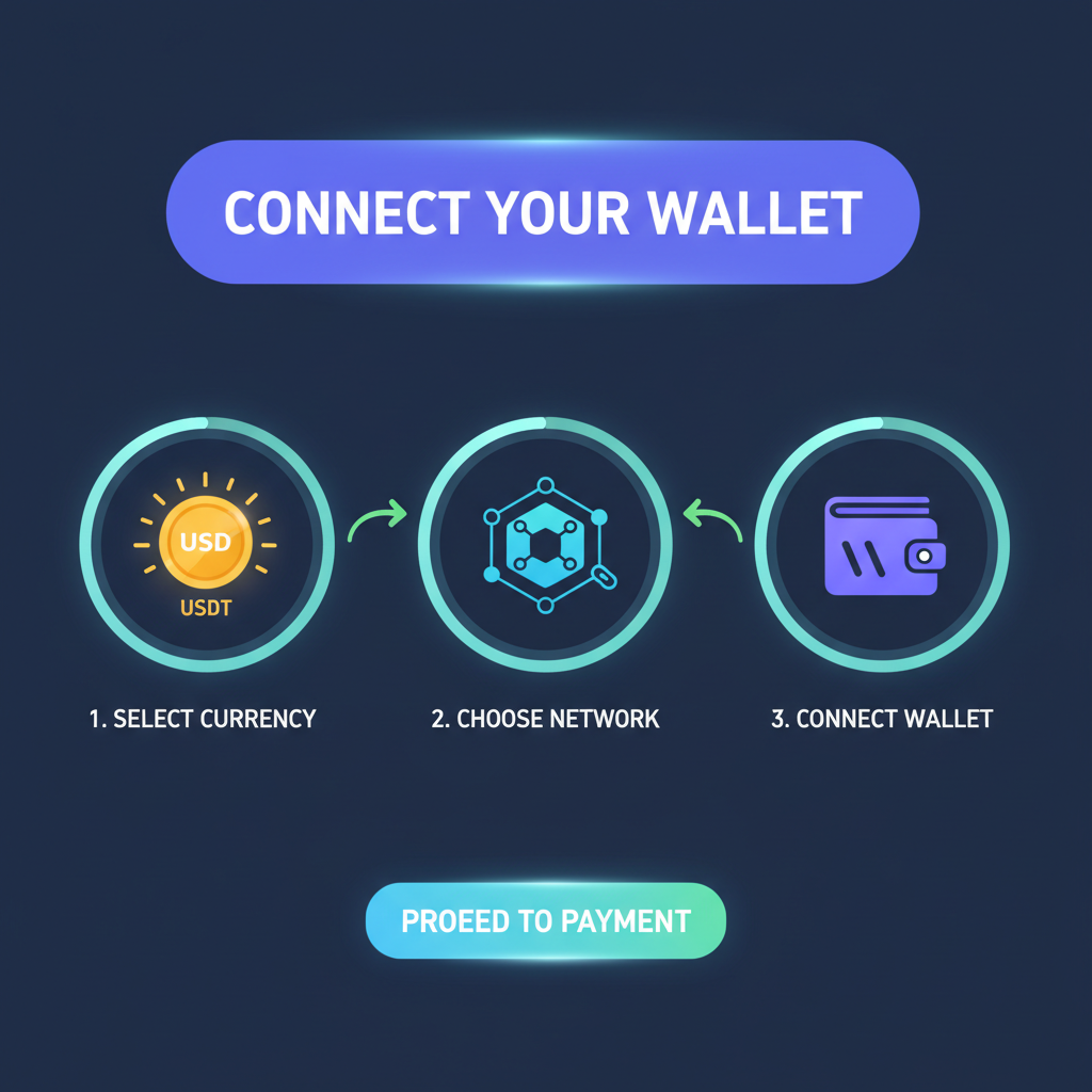 wallet connection interface on blockchain travel site, glowing USDT icons linking to chain