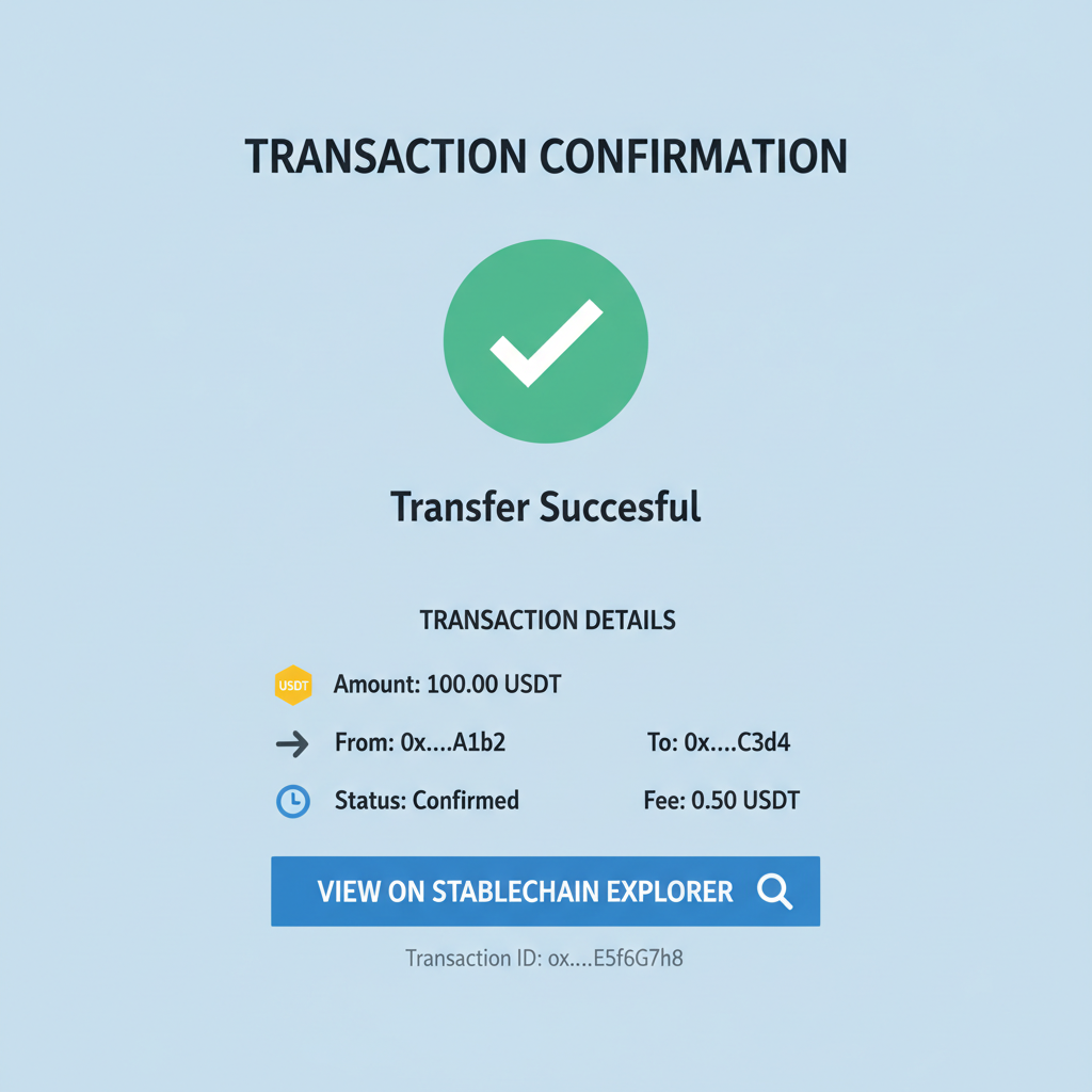 payment confirmation screen showing USDT transfer on StableChain explorer preview